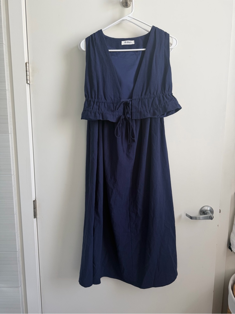 Sleeveless Navy Women’s Midi Dress with Tie Front